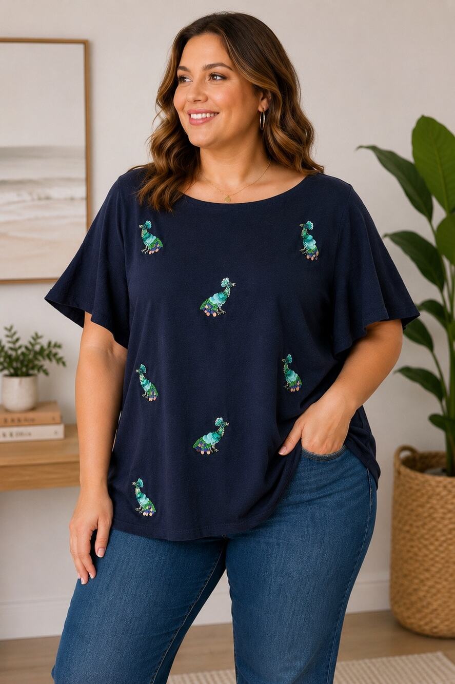 Talbots Woman 1X Peacock Sequin Embellished Navy Cotton Top